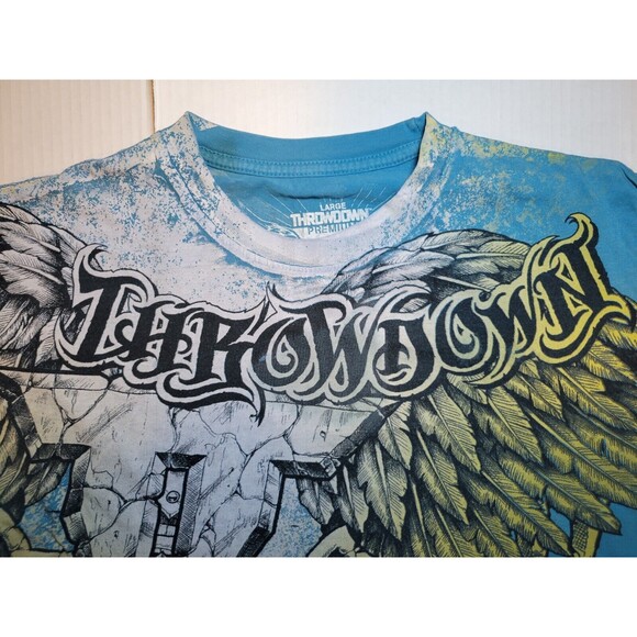 Throwdown Premium Cross Wings Blue‎ Gold Double-sided MMA Spellout Logo Mens L - Picture 2 of 6